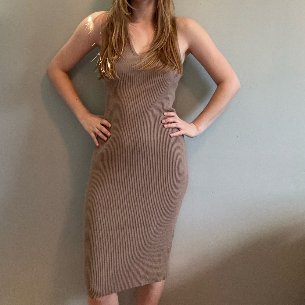 Express Brown Ribbed Bodycon Midi Dress